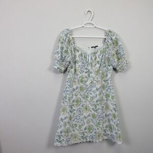 For All Mankind Floral Mini Dress M Blue Eyelet Milkmaid Puff Cottagecore 252